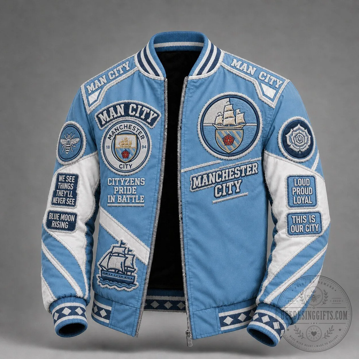 Manchester City Football Club Sky Blue Varsity Bomber Jacket 1 Manchester City Football Club Sky Blue Varsity Bomber Jacket
